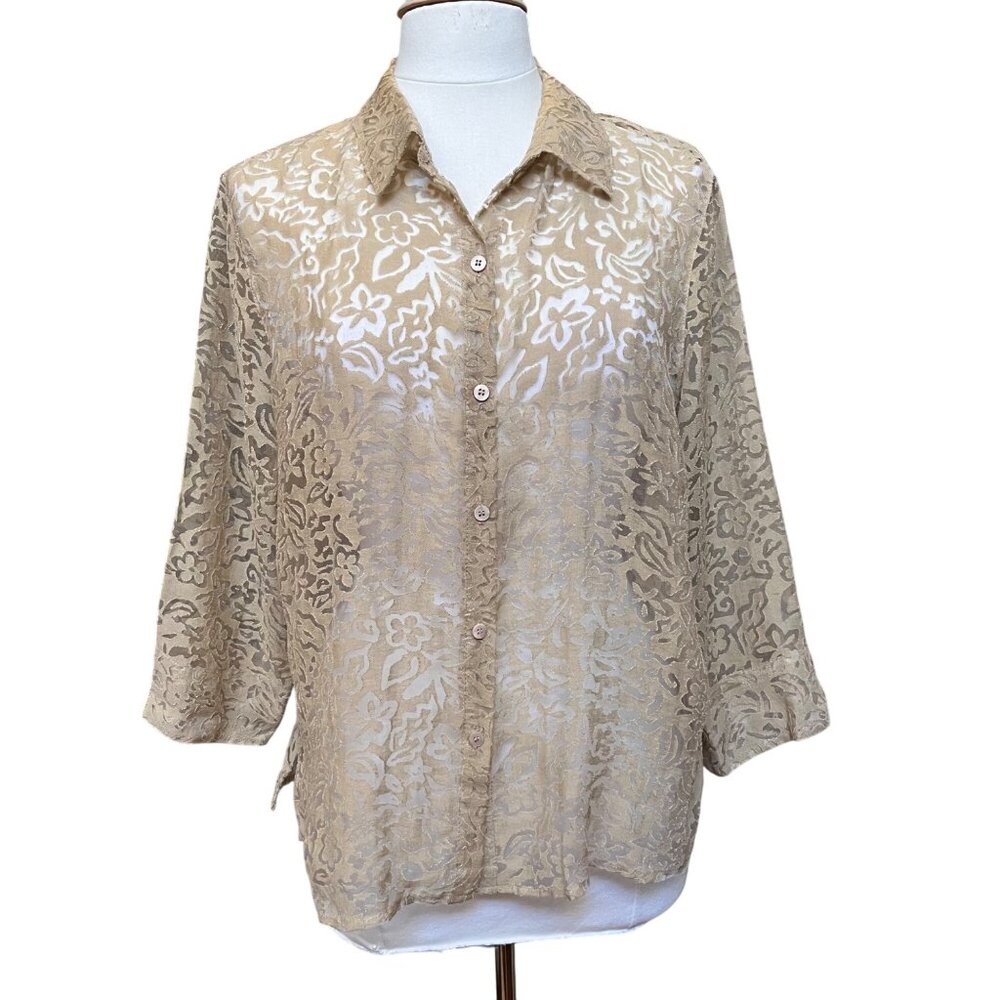Sheer Burnout Beige Floral‎ Button Up Shirt 3/4 Sleeves Size L By Outfit JPR